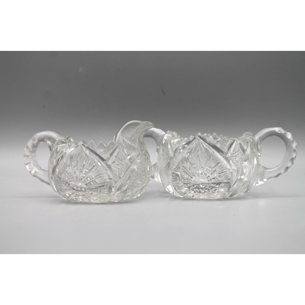 Cut Crystal Creamer & Sugar Bowl Set Starburst Fan Pattern Scalloped Rim
